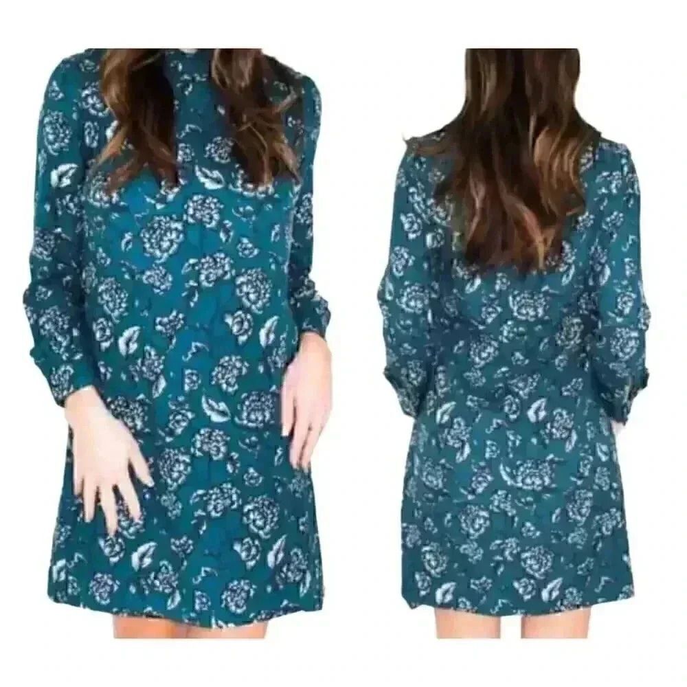 Banana Republic Women's Teal Floral Poly Sheath Dress w Long Sleeves w Ruffles